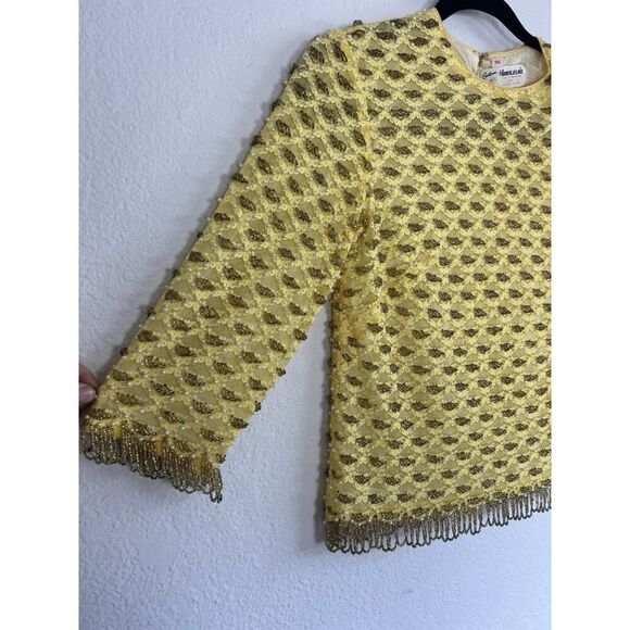 Creations by Harilela Vintage 60s Yellow Sequins Top 36 Lambswool Beaded Fringe - Picture 8 of 12